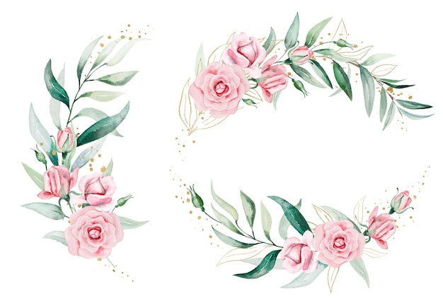 Blumenstrauß und Kranz aus rosa Aquarellblumen und grünen Blättern Hochzeits- und Grußillustration