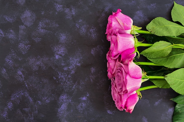 Blumenstrauß von purpurroten Rosen auf einem dunklen Hintergrund. Ansicht von oben