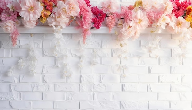 Blumentextur-Hintergrund für Hochzeitsszene Blumen auf weißer Ziegelwand mit freiem Platz für Text Hochzeits- oder Partydekoration Blumenarrangement Floristik-Einstellung erzeugen KI