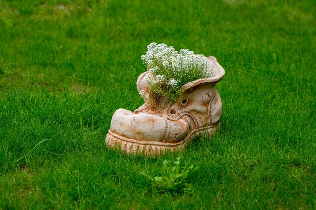 Blumentopf in Form eines Schuhs mit blühenden Blumen mit Kopienraum.