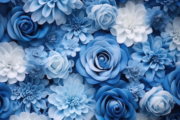 Blumenwandhintergrund Textur frischer blühender Blumen in blauen Farben Generative KI-Illustration