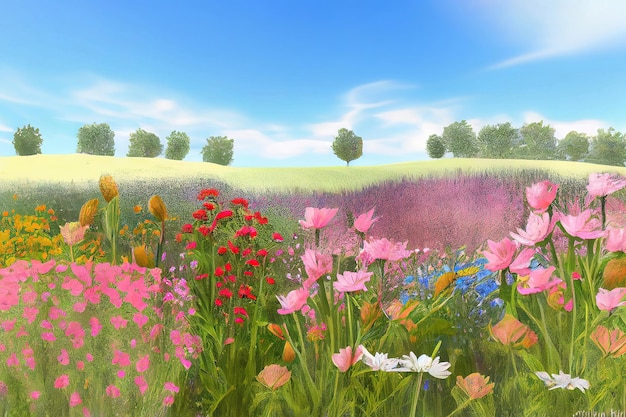 Blumenwiese hochauflosendes Panorama Generativo Ai