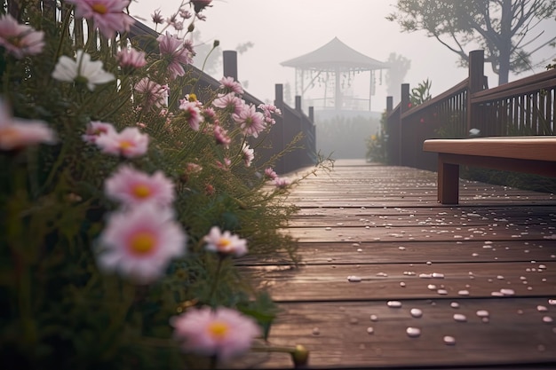 Blumenwunderland mit Promenade, nebliger Hintergrund, generative KI