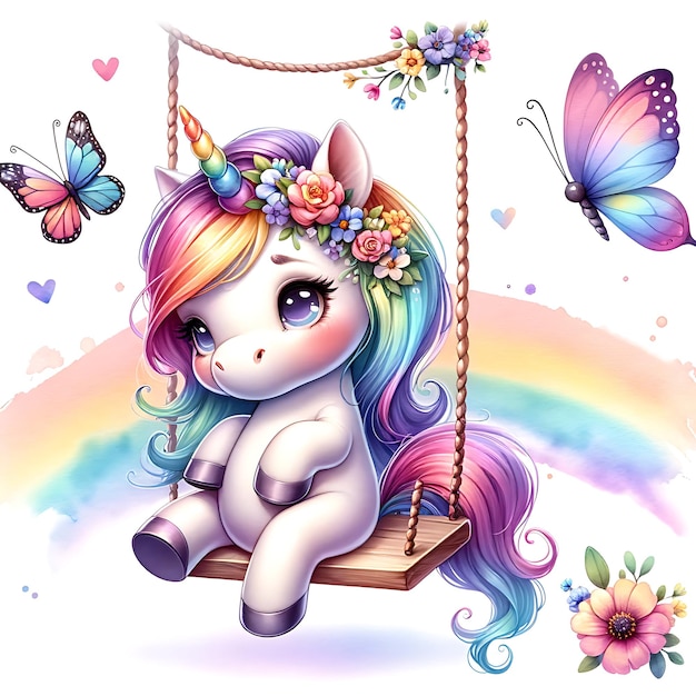 Blumige Aquarelle Einhorn Farbige Clipart Hintergrundillustration Vektor