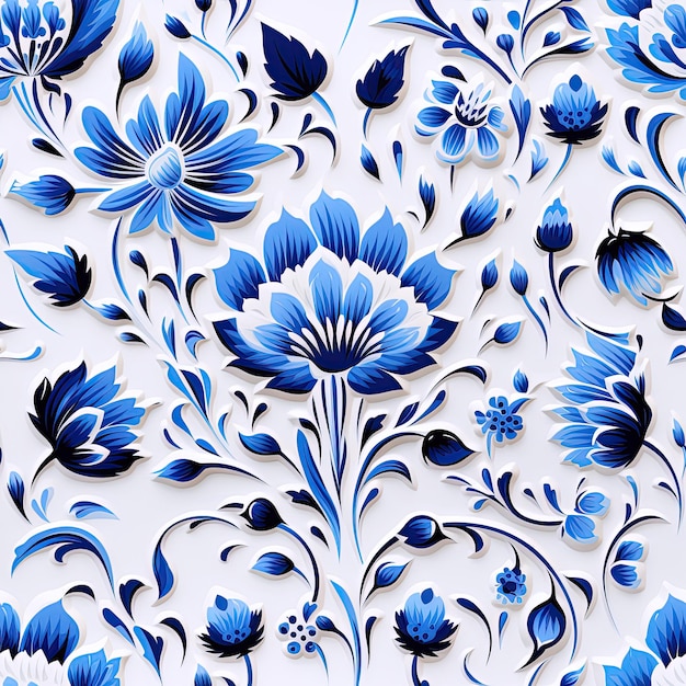 blumiges nahtloses Texturmuster mit blauen Blumen auf weißem Hintergrund für traditionelles russisches Teppich- und Stoffdekor