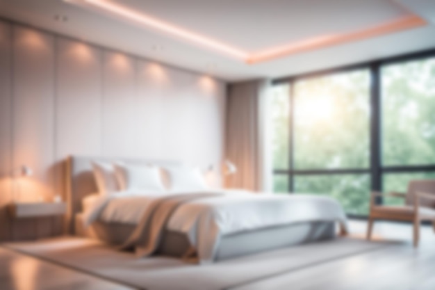 Blur-Bild des Schlafzimmers mit Möbeln zu Hause mit Sonnenlicht für die Hintergrundnutzung