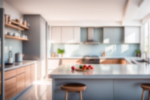 Blur-Bild von Küchenraum mit Möbeln zu Hause mit Sonnenlicht für den Hintergrund Blur-Interieur