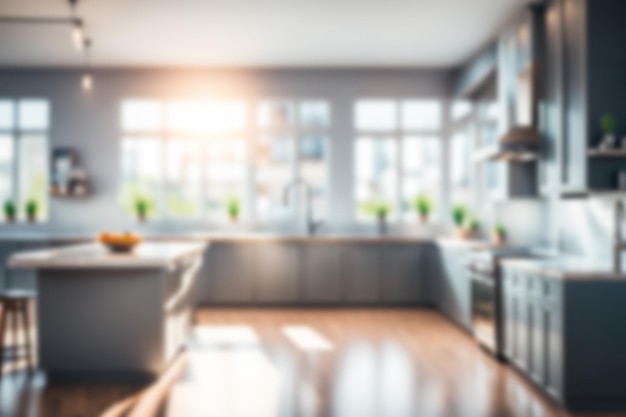 Blur-Bild von Küchenraum mit Möbeln zu Hause mit Sonnenlicht für die Hintergrundnutzung