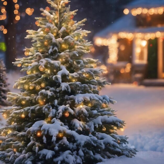 Blur-Weihnachtsbaum mit Schnee und Bokeh aus dekorativem Licht