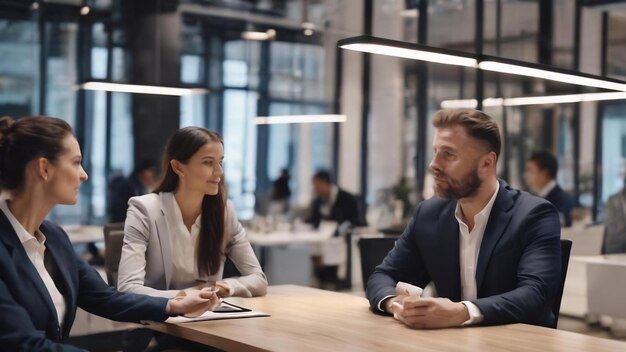 Blurred suave de la gente que se reúne en la mesa gente de negocios hablando en la oficina moderna generativa ai