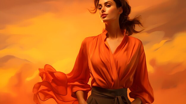 Blusa de chiffon fluindo em um fundo laranja ao pôr-do-sol