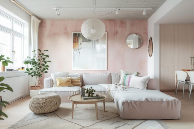 Blush Pink Design im skandinavischen Stil Hausinterieur und modernes Wohnzimmer