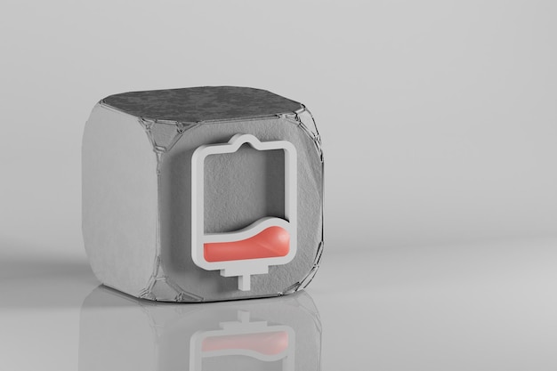 Foto blutbeutel-ikon schönes blut-symbol medizinisch auf einem betonwürfel und weißem keramik-hintergrund 3d-rend