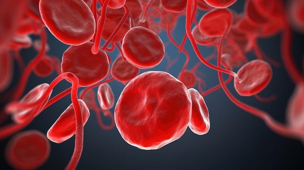 Blutgefäß-Hämoglobin-Nahaufnahme. Medizinische Venenstruktur, dunkler Hintergrund, KI generiert