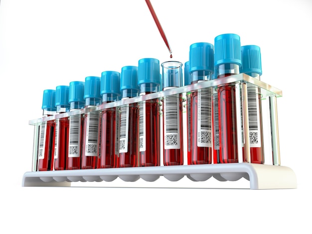 Bluttestprobenröhrchen und Bluttestpipette, die einem der auf Weiß isolierten Röhrchen Flüssigkeit hinzufügt