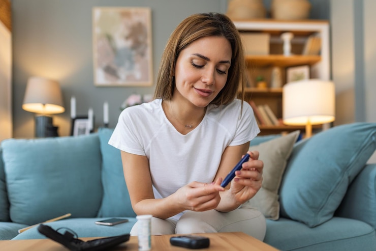 Foto blutzuckertest zu hause überprüfung des blutzuckerspiegels zuhause diabetiker überprüfung der blutzuckerspiegel frau überprüfung des blutsukkerspiegels mit glucometer und teststreifen zu hause