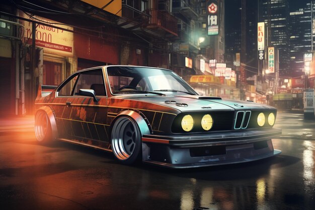 Un BMW 30 CSI antiguo en las calles de Tokio por la noche