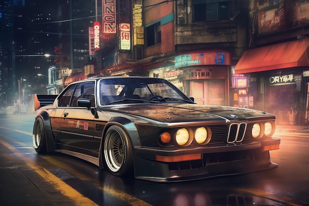 Un BMW 30 CSI antiguo en las calles de Tokio por la noche