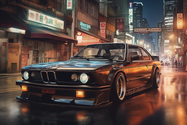 Un BMW 30 CSI antiguo en las calles de Tokio por la noche