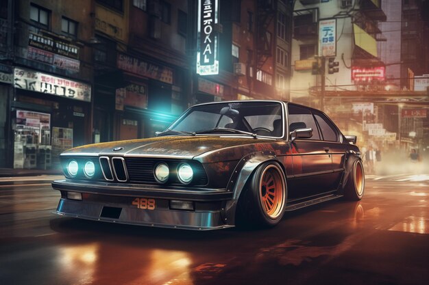 Un BMW 30 CSI antiguo en las calles de Tokio por la noche