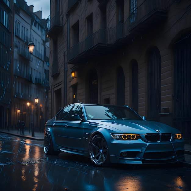 Un bmw azul está estacionado bajo la lluvia frente a un edificio.