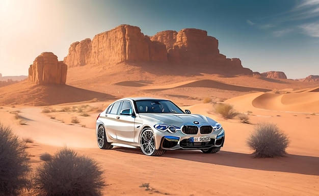 Un BMW blanco conduce por el desierto