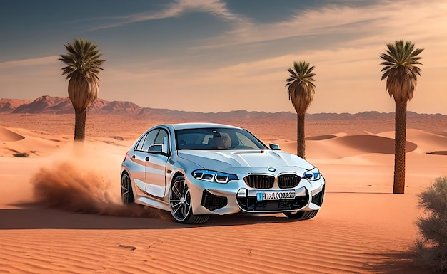 Un BMW blanco conduce por el desierto