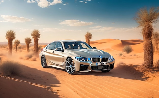 Un BMW blanco conduce por el desierto