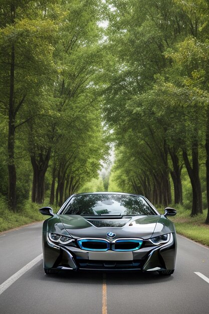 BMW I8 carro completo corpo qualquer cor CITY fundo cachoeira árvore rio