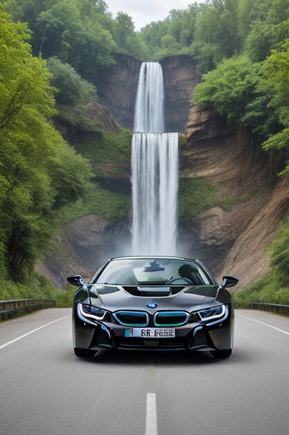 BMW I8 carro completo corpo qualquer cor CITY fundo cachoeira árvore rio