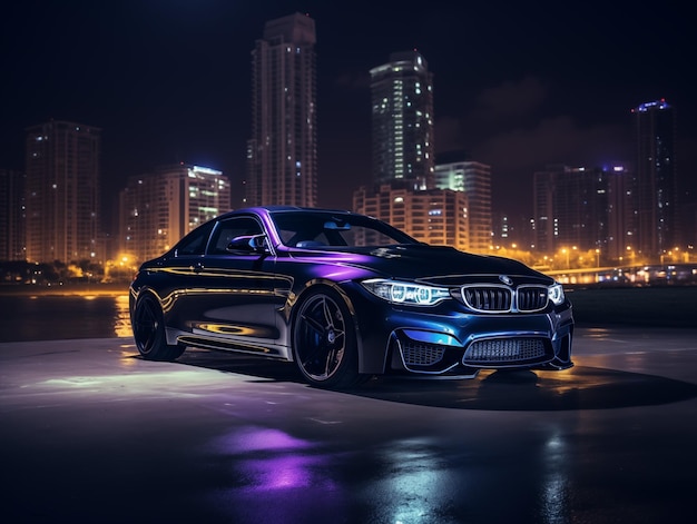 BMW M4 iluminado por la luna de color azul profundo por la noche