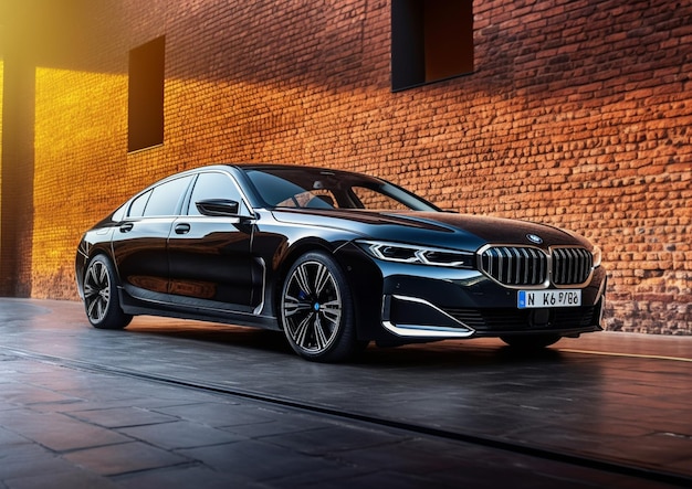 BMWs neue 7-Serie Limousine ist vor einer Ziegelsteinmauer geparkt.