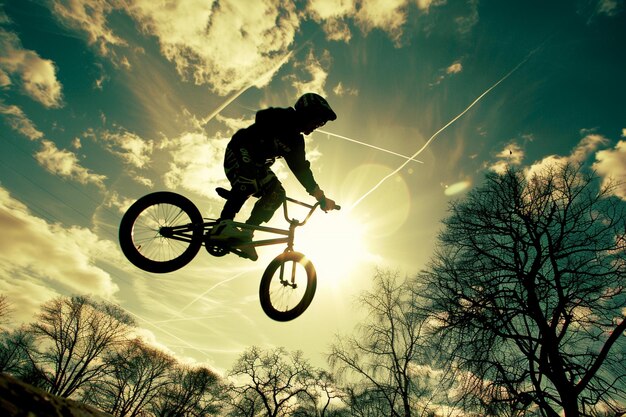 Bmx acrobacia e salto montado à luz do sol