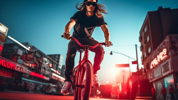 BMX-Fahrer holt Luft im Skatepark