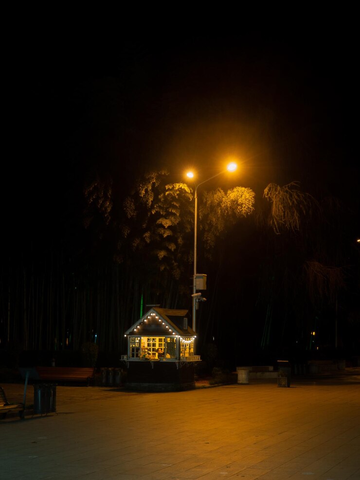 Foto boa barraca no parque noturno iluminação da rua venda de mercadorias à noite