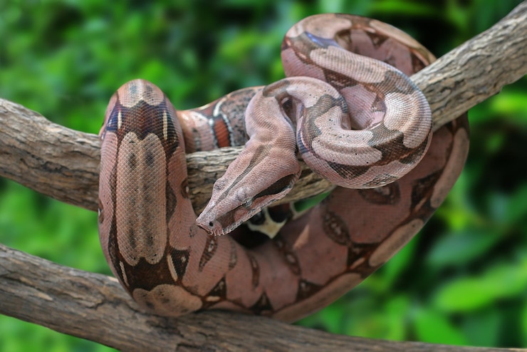 Foto la boa constrictor de surinam se arrastra en la rama con un fondo verde borroso