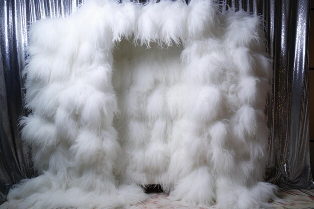 Boá de penas brancas imitando neve ao redor de uma cabine fotográfica