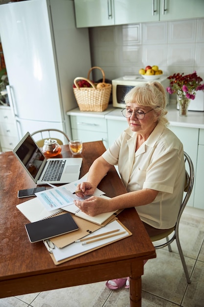 Boa velha usando laptop e fazendo papelada em casa