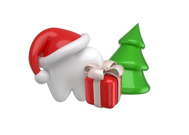 Foto boas festas 3d renderizando dente saudável com presente e árvore de natal em fundo festivo.
