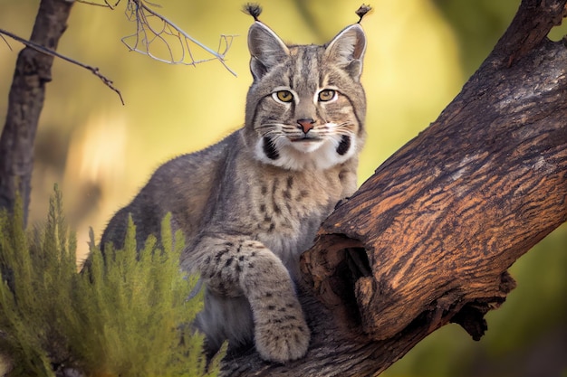 Bobcat agazapado en la rama de un árbol inspeccionando su territorio