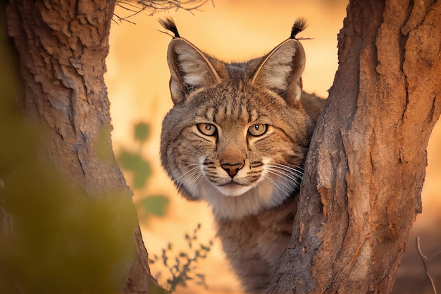 Bobcat escondiéndose detrás de un árbol inspeccionando su entorno