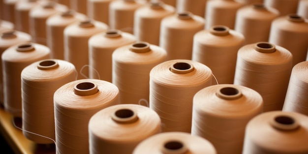 Bobinas de hilo beige dispuestas en filas para la producción textil Primer plano de bobinas de algodón generativas A
