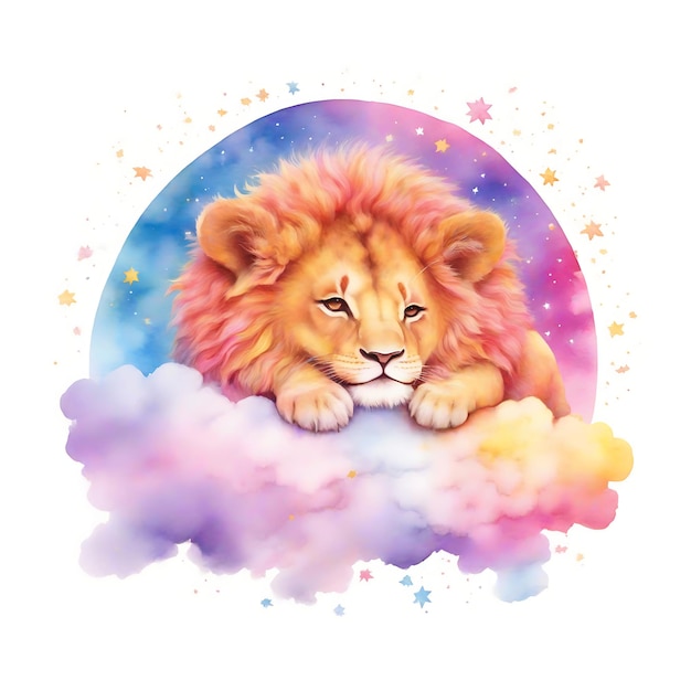 Bobo Lion Broadcast Aquarell-Cartoon-Illustration mit einem kleinen Löwen, der in den Wolken schläft