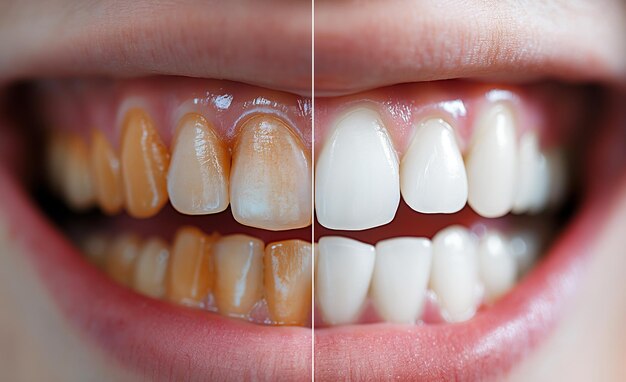 boca aberta masculina com dentes brancos saudáveis antes e depois do branqueamento dentário tratamento de cárie e remoção de placa em close-up