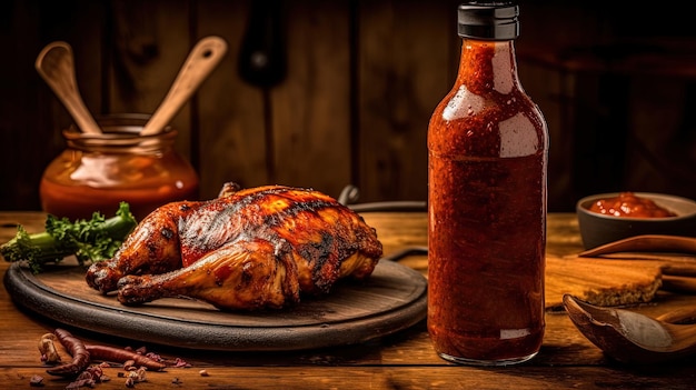 Boca agua Un jugoso pollo caliente con tarro de salsa roja sobre fondo de madera Fotografía de comida no vegetariana IA generativa