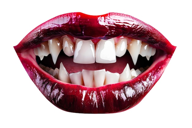 La boca de Dracula vampiro de Halloween con dientes afilados y labios rojos