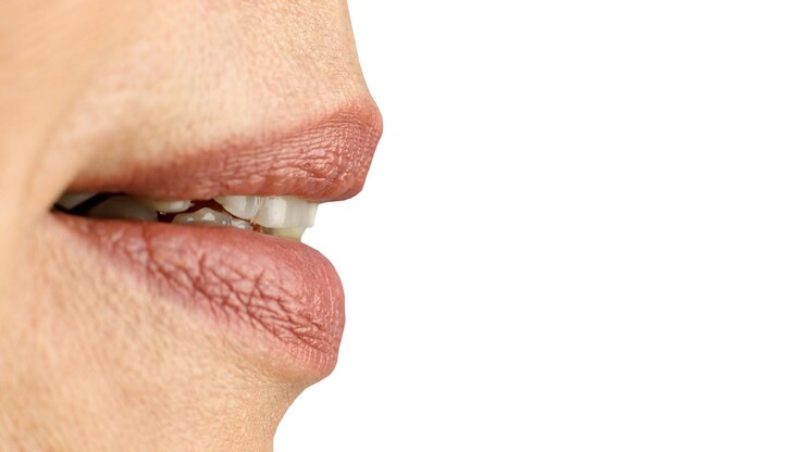 Foto boca femenina, labios ligeramente separados sexualmente. de cerca