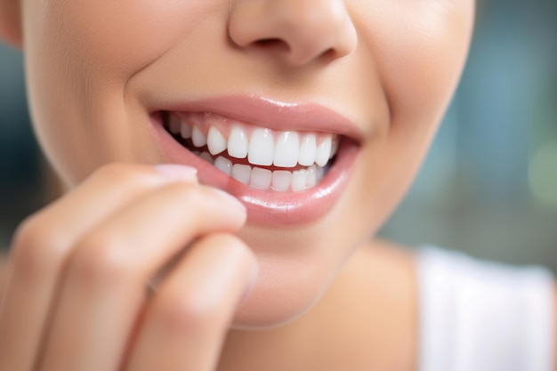 Boca feminina deslumbrante, perfeitamente branca como a neve, com dentes perfeitos anunciando serviços odontológicos de dentista