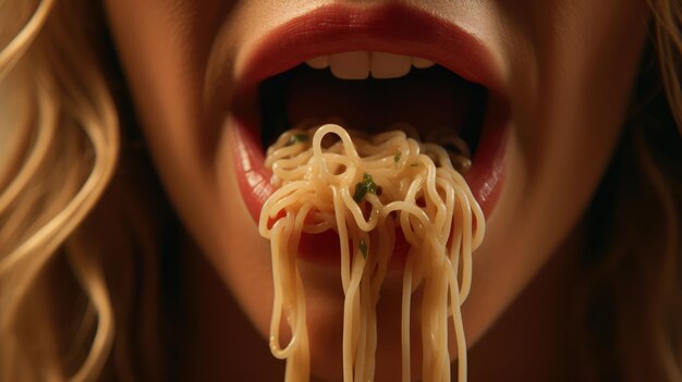 Foto boca feminina em detalhe comendo delicioso prato de massa italiano bolognese com tradicional molho de tomate