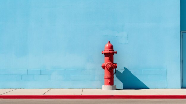 una boca de incendios roja sentada junto a una pared azul